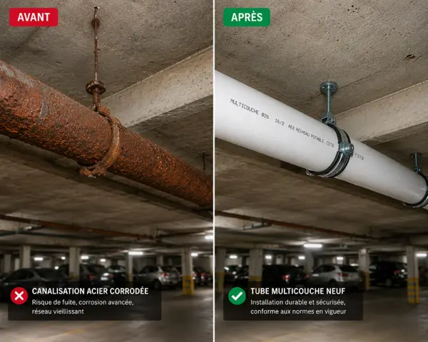 Remplacement de canalisation corrodée — avant et après intervention