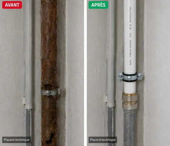 Reprise de canalisation en apparent — avant et après intervention